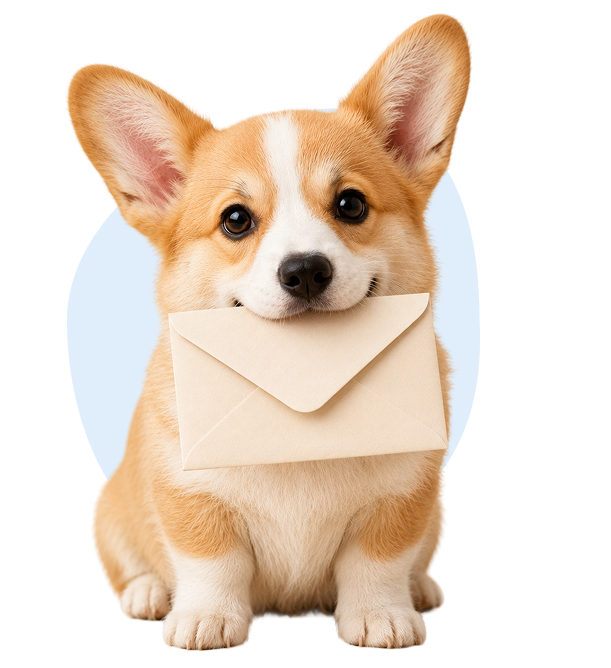 Corgi puppy holding an envelope